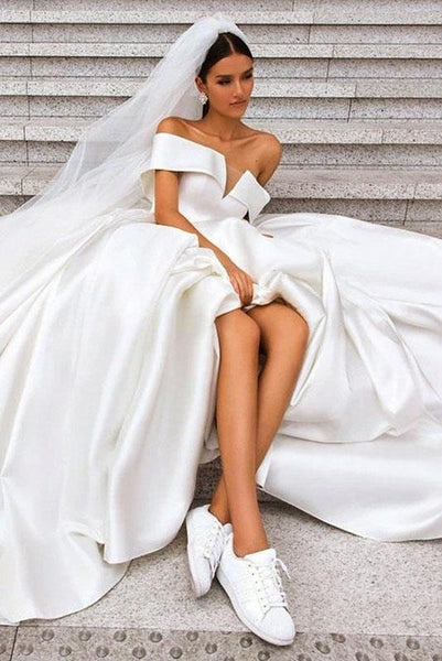 Off the Shoulder White Ball Gown Simple Wedding Dress, Satin Bridal Gown DMQ20