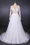 A Line Tulle Lace Appliques Long Sleeves Wedding Dress, Cheap Bridal Dresses DMQ28