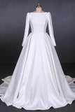 Simple A Line Long Sleeves Satin Wedding Dress, New Arrival White Long Bridal Gown DMQ13