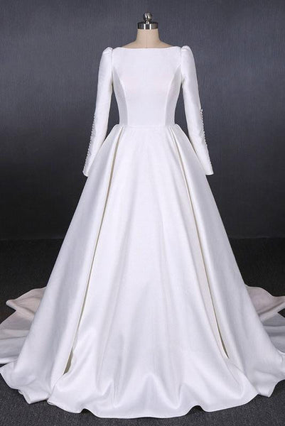 Simple A Line Long Sleeves Satin Wedding Dress, New Arrival White Long Bridal Gown DMQ13