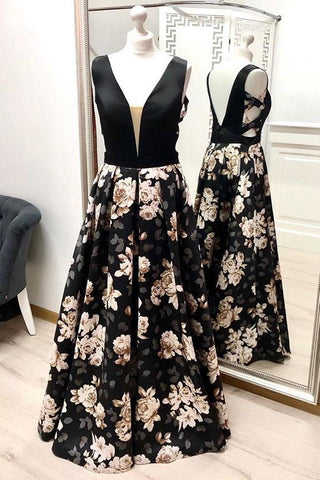 A Line V Neck Floral Prom Dresses, Long Black Prom Gown DMK27
