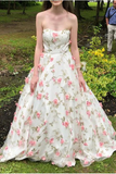 A Line Floral Long Prom Dresses Strapless Beautiful Flower Printed Prom Dress DMR43