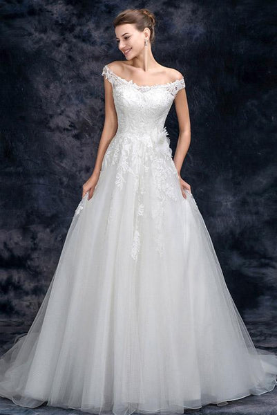 A Line Off the Shoulder Appliques Tulle Long Wedding Dress, Bridal Dresses DMQ26