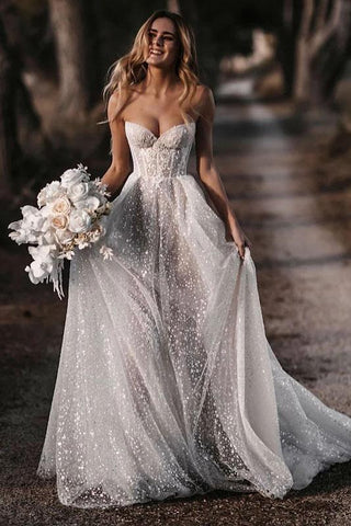 Shiny Glitter Strapless Wedding Dresses A Line Sweetheart Elegant Long Bridal Dress DMW14