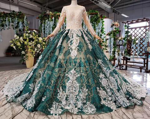 Green Long Sleeves Ball Gown Lace Prom Dress with Appliques, Long Prom Gown DMP51