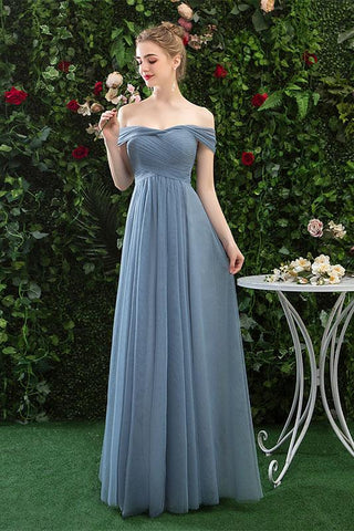 A Line Off the Shoulder Chiffon Blue Prom Dress, Long Bridesmaid Dresses DMQ82