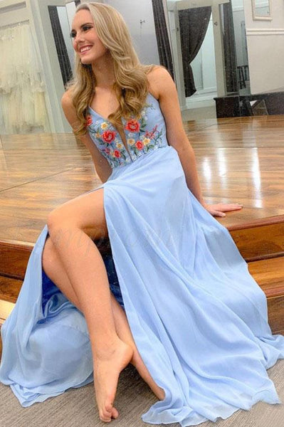 A-Line Spaghetti Straps Light Blue Chiffon Long Prom Dress with Embroidery Split DMQ92