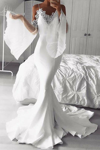 Mermaid Cold Shoulder Flare Sleeves White Prom Dress with Lace DMK68