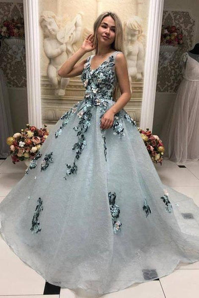A Line V Neck Long Prom Gown With Appliques, Formal Evening Dress DML31