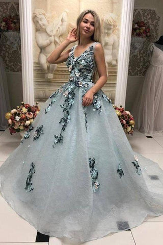 A Line V Neck Long Prom Gown With Appliques, Formal Evening Dress DML31